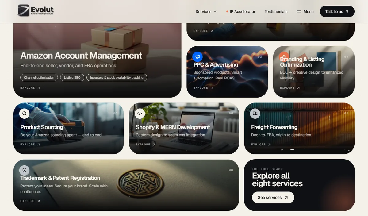 The eight service lines as one composed grid; each card is one of 43 section components.