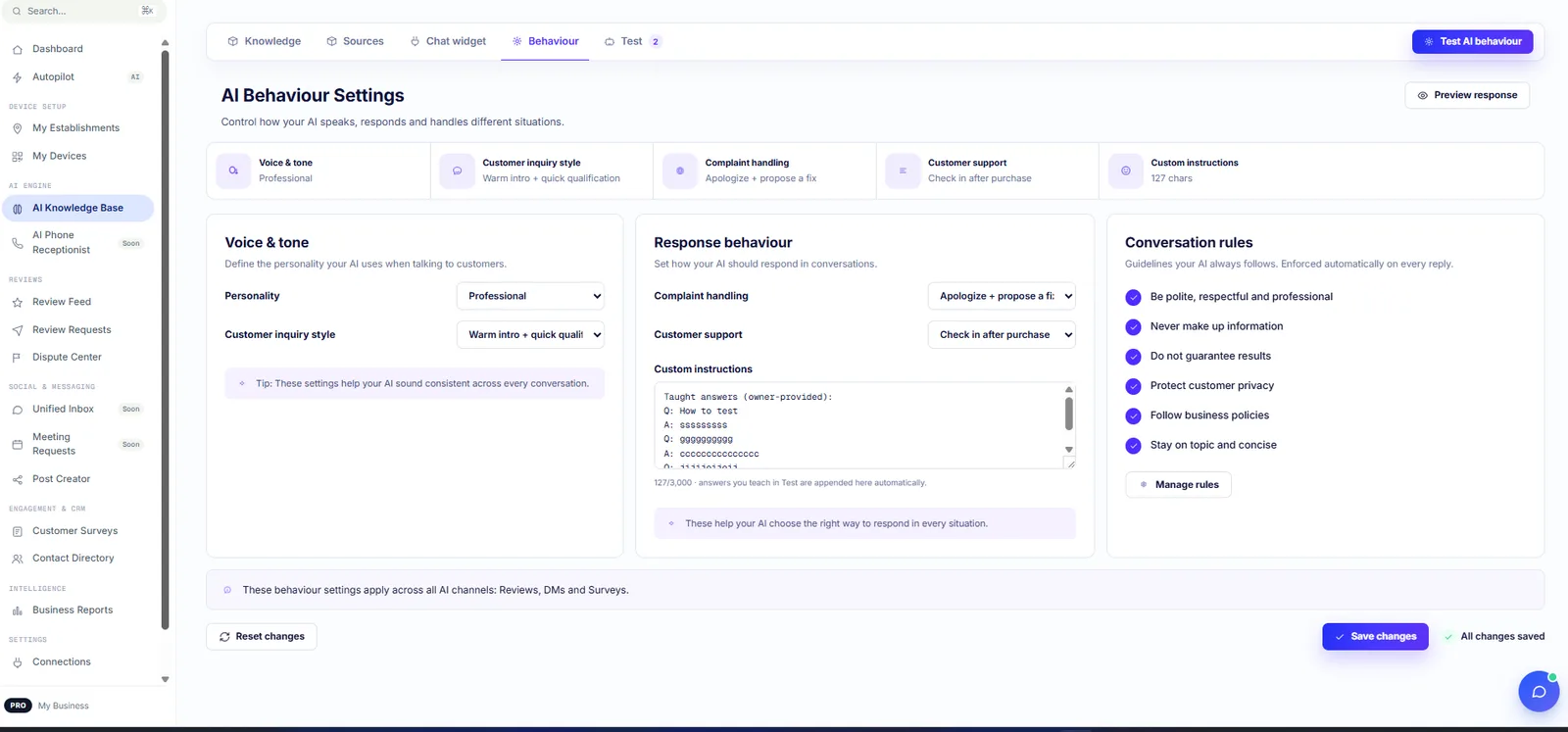 The AI behaviour surface: voice, complaint handling and conversation rules stored once and applied to every generated reply.