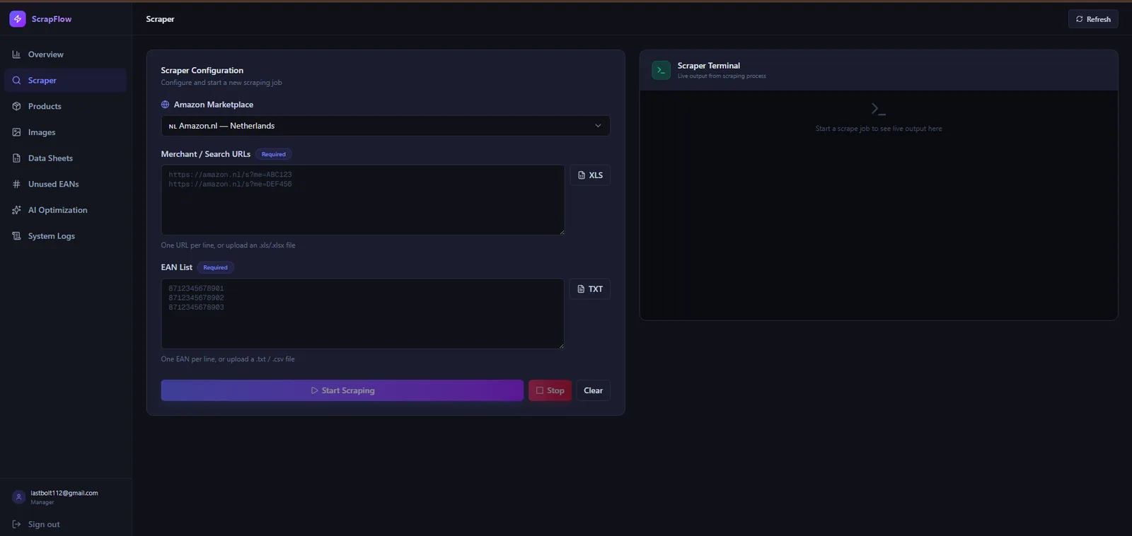 Scraper configuration: marketplace, merchant URLs, EAN list, live terminal.