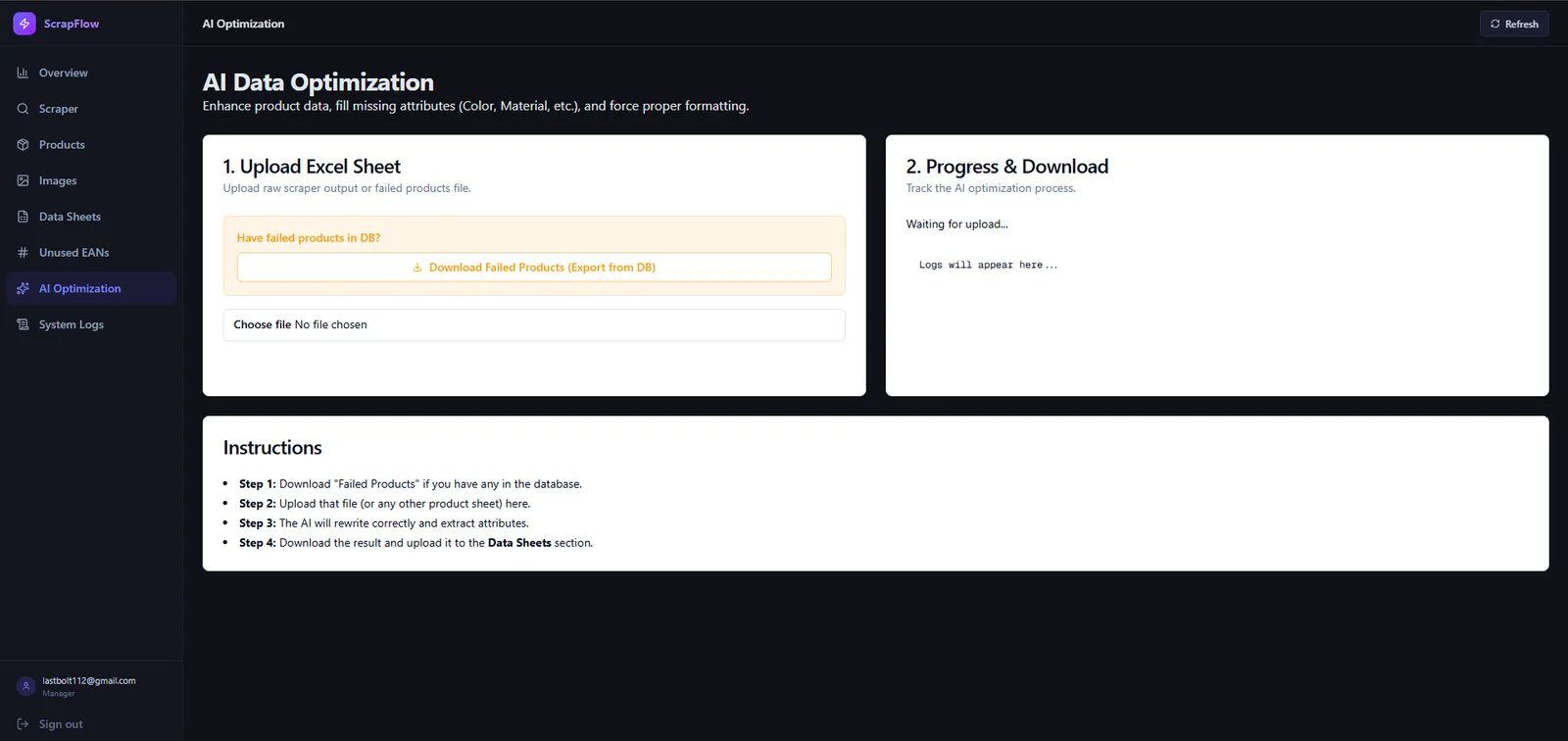 Upload a sheet, let the AI repair the attributes, download the corrected version.