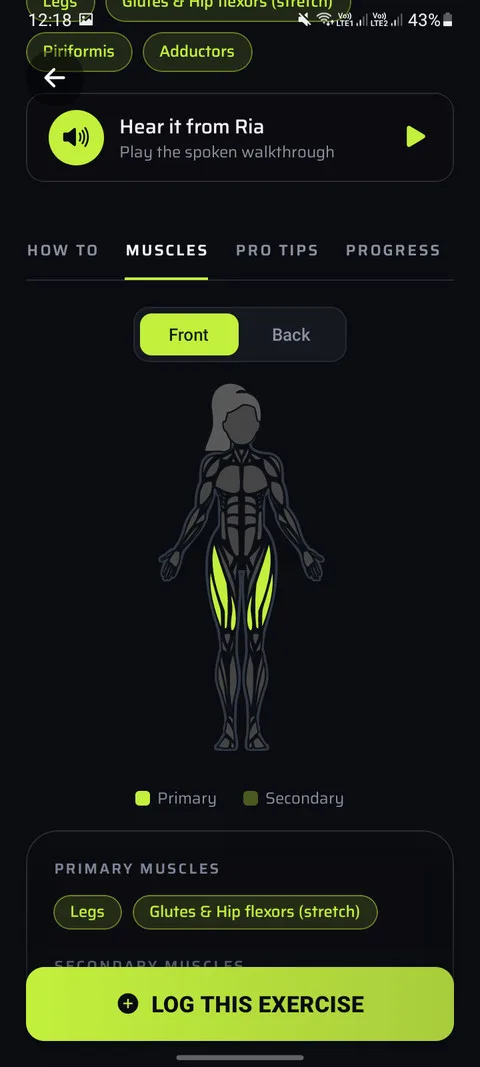 Exercise detail: a spoken walkthrough from Ria, and the anatomy renderer shading primary and secondary movers.