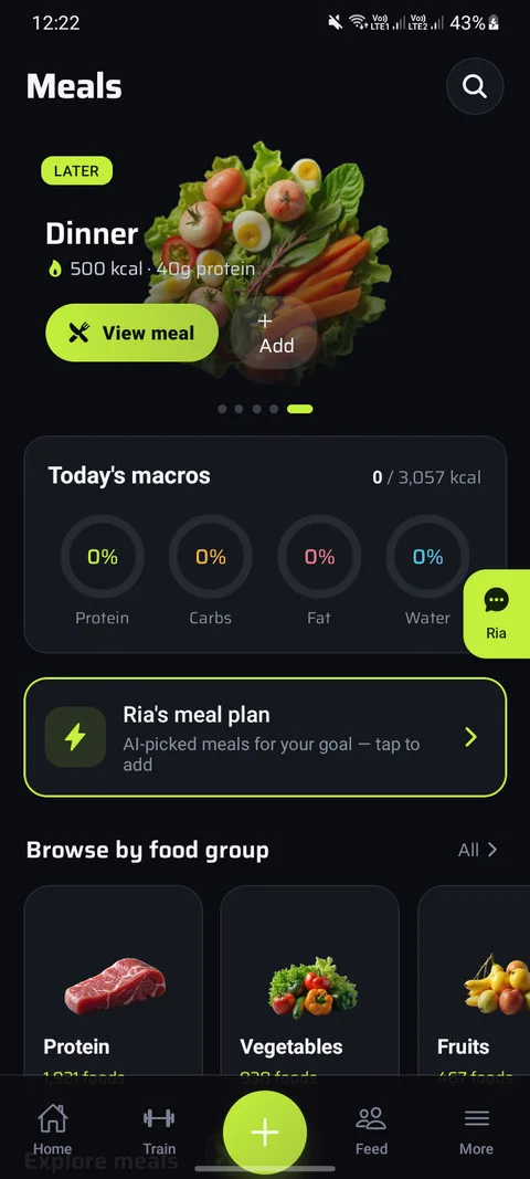 Meals: macros resolved against a generated target, with Ria's plan on top.