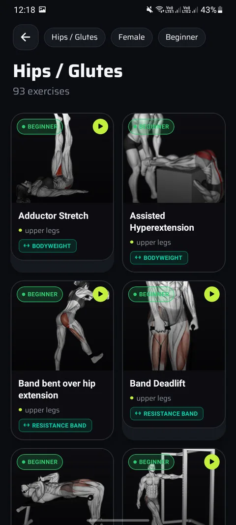 Ninety-three exercises in one group, each with a demonstration and its equipment.